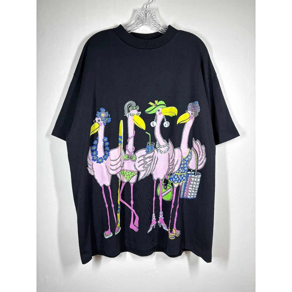 Vintage 90s Flamingos Graphic Tee TShirt OSFA XL 1992 Glitter Puff Paint Novelty